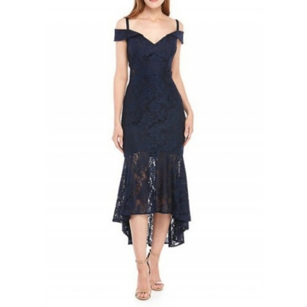 Xscape Off-the-Shoulder High Low Floral Flouce Lace Dress- Navy Blue - Picture 3 of 12